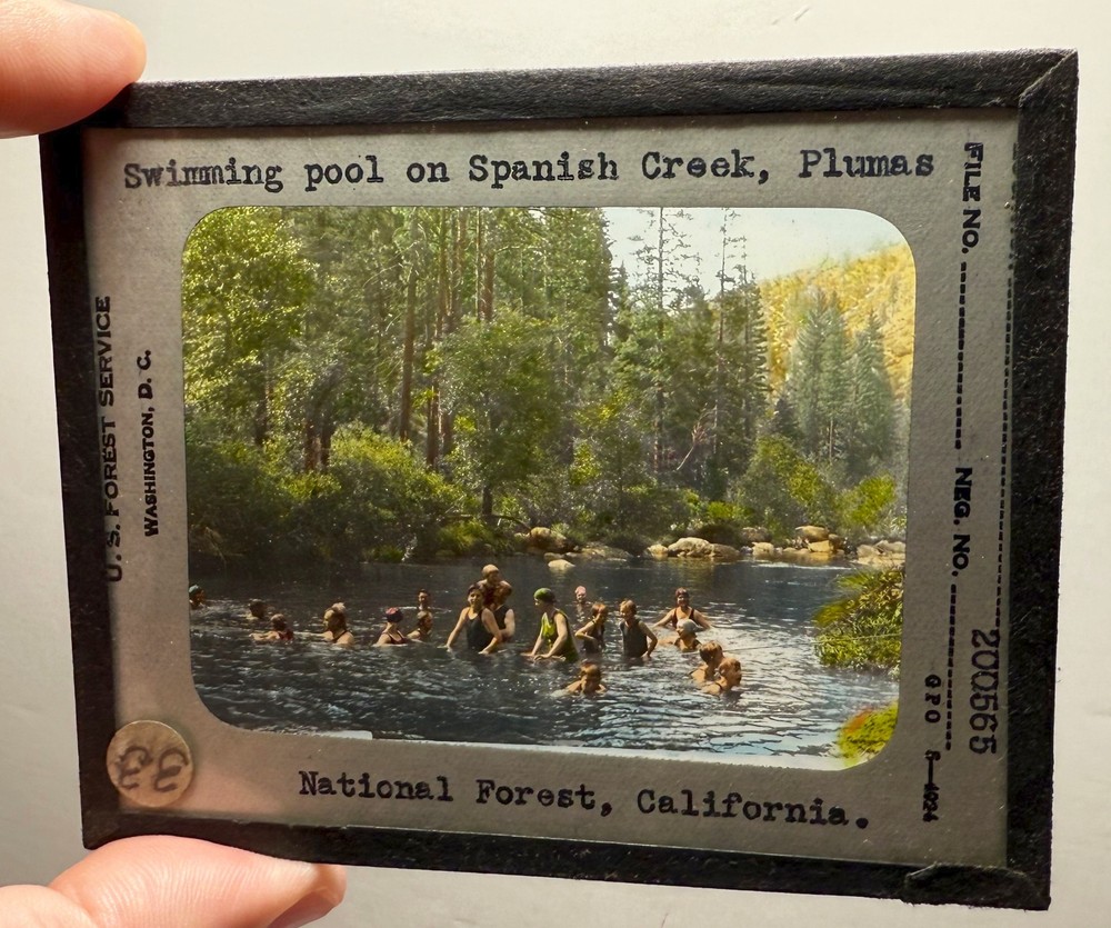 California Spanish Creek Plumas Forest SWIMMING boy girl hand tinted GLASS SLIDE