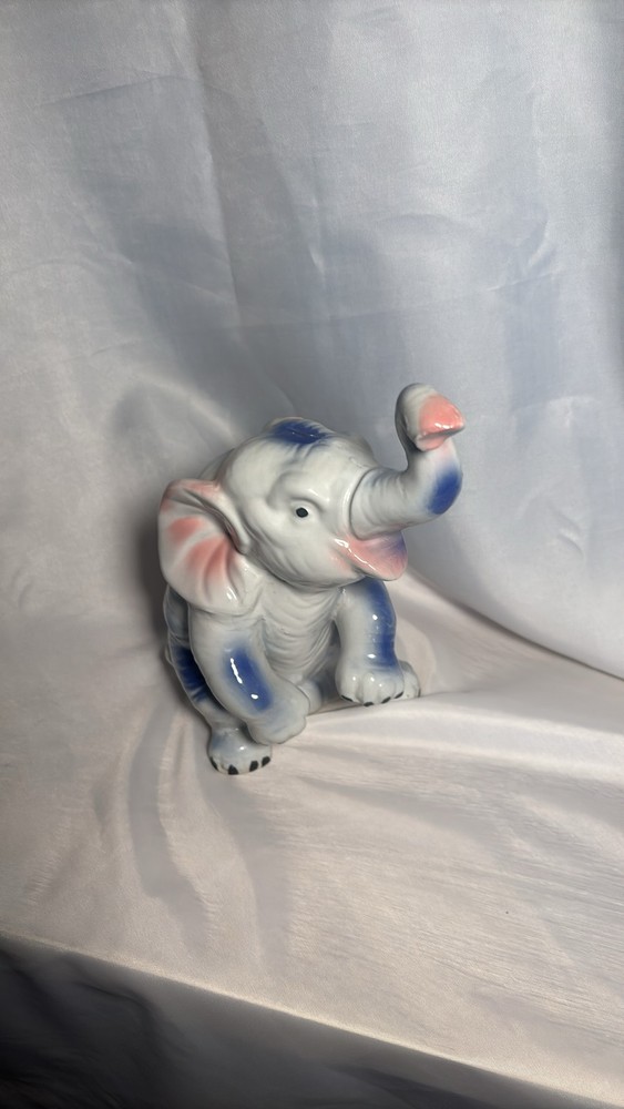Porcelain Elephant Figurine White Blue Pink Trunk Up Lucky Statue