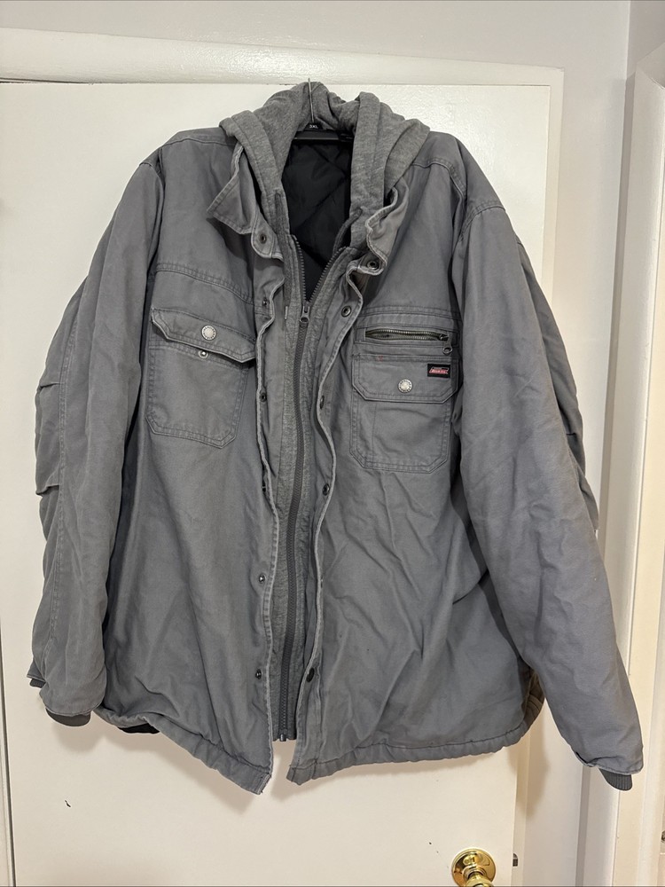 Dickies Mens 3XL Hooded Heavy Workwear Jacket Gray Full Zip Snap Lined Quilted