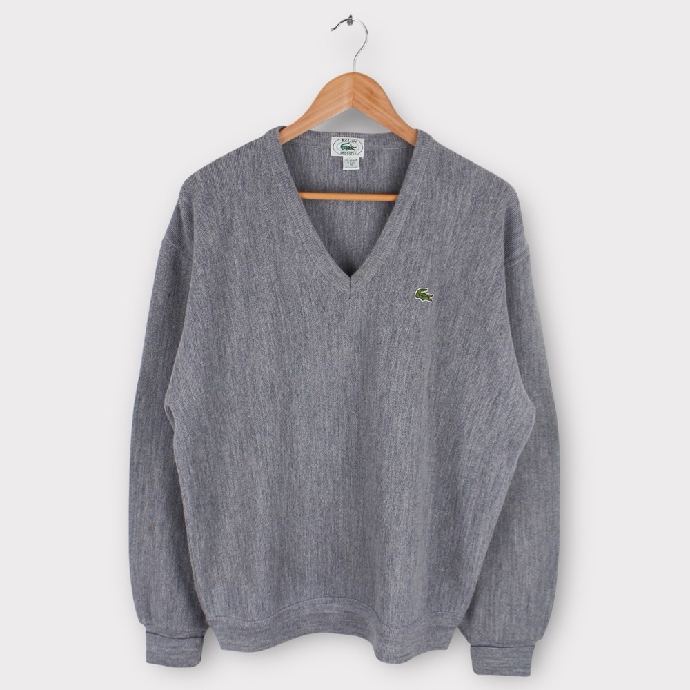 Vintage Lacoste V Neck Sweater Gray Knit Crocodile Logo Men’s Size XL USA Made