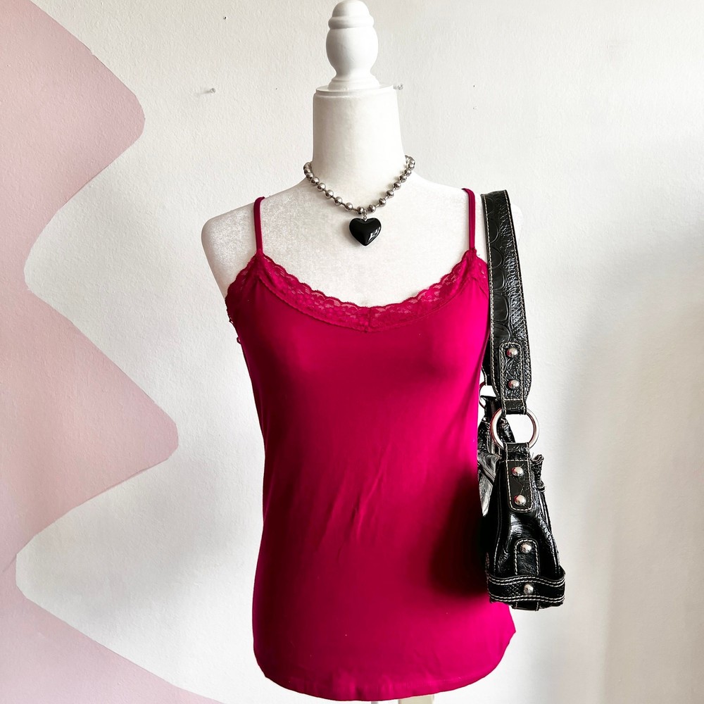 Pink Lace Trim Tank Top, Y2K Coquette Soft Girl Romantic 2000s Small