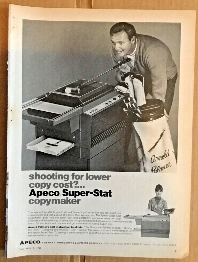 Apeco photocopier ad 1968 orig vintage retro print 1960s office Arnold Palmer