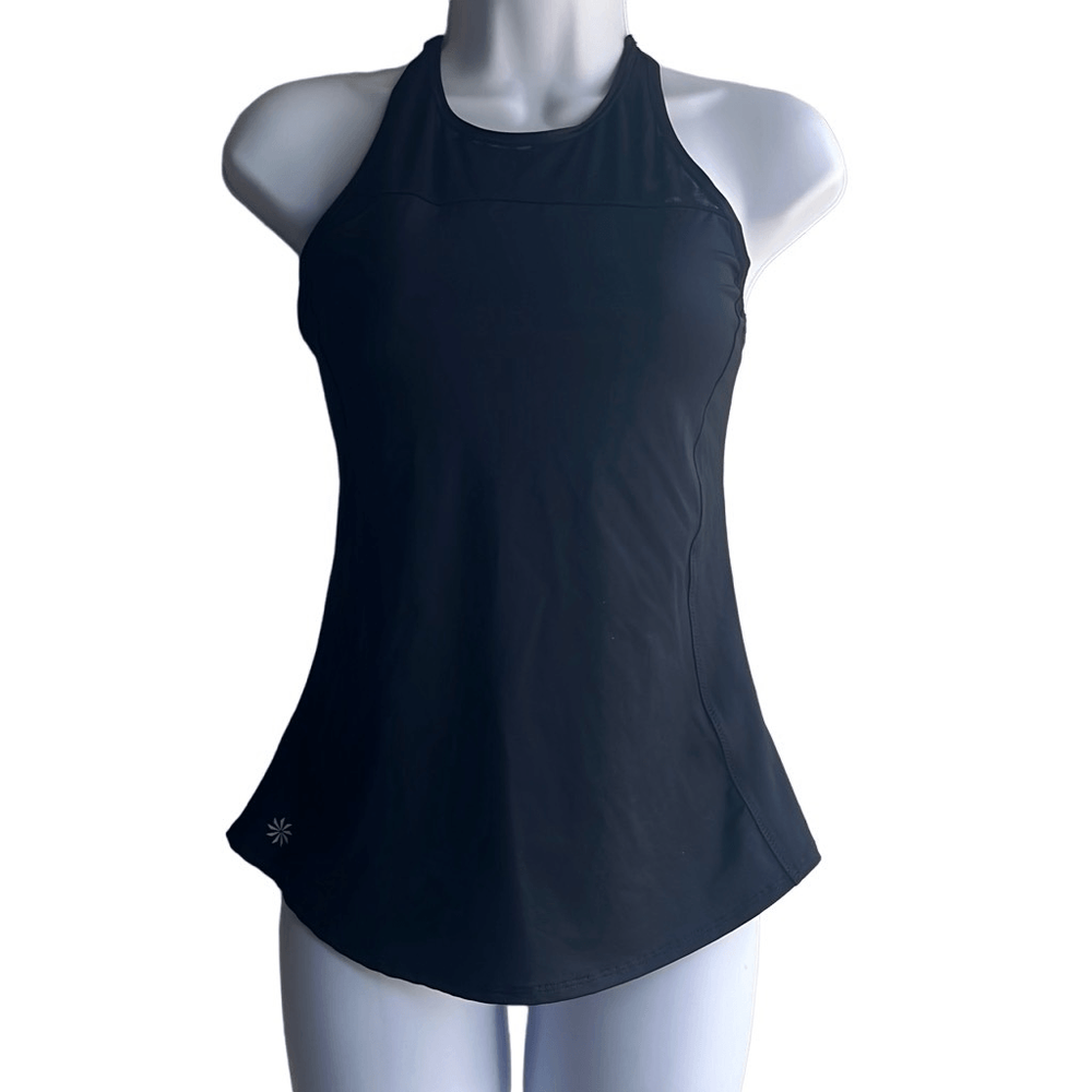 Athleta Womens XS Black Zenith Tank Top Mesh Cutout Built-in Bra Yoga Workout