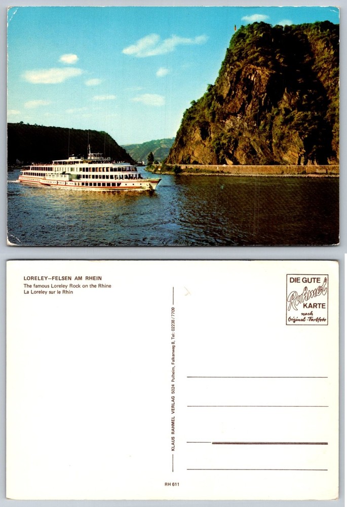 Vintage Loreley Rock Rhine River Germany Postcard Passenger Ship Scenic View