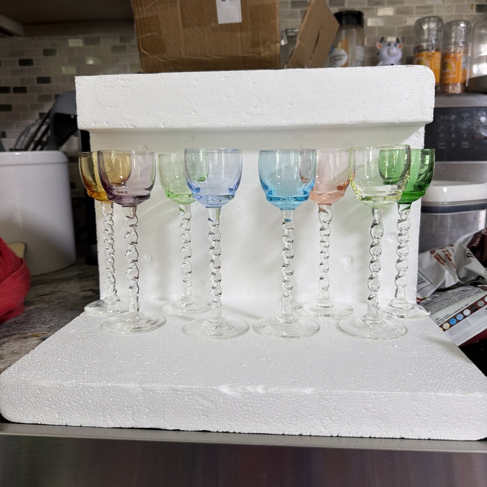 VTG 8 Depression Vaseline Cordial Glasses Twisted Stem Hand blown Multi-Color