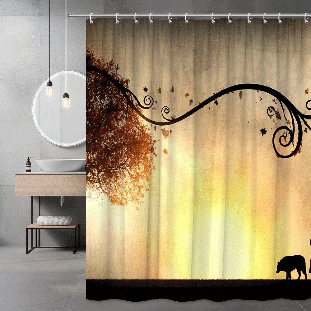 Autumn Tree Silhouette Shower Curtain Sunset Leaf Design