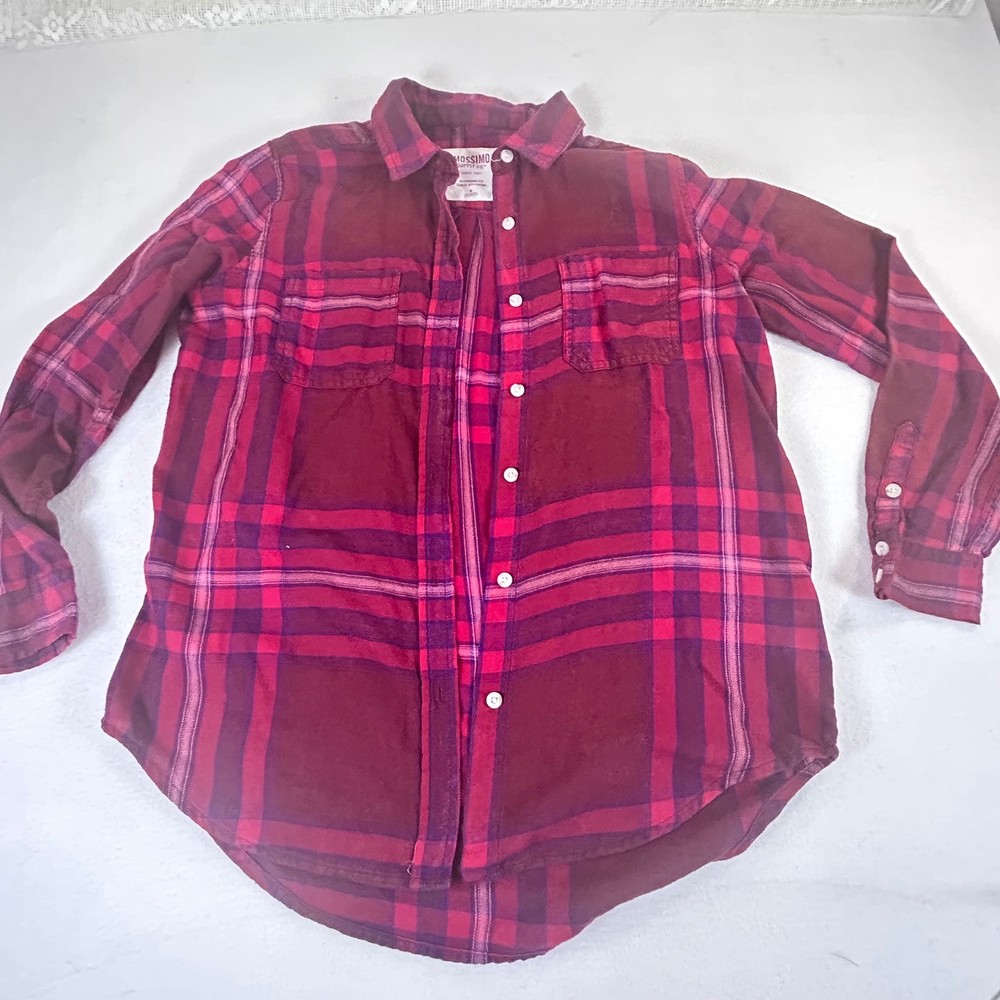 Mossimo Womens Red Purple Plaid Flannel Shirt Boyfriend Fit Size M Long Sleeve
