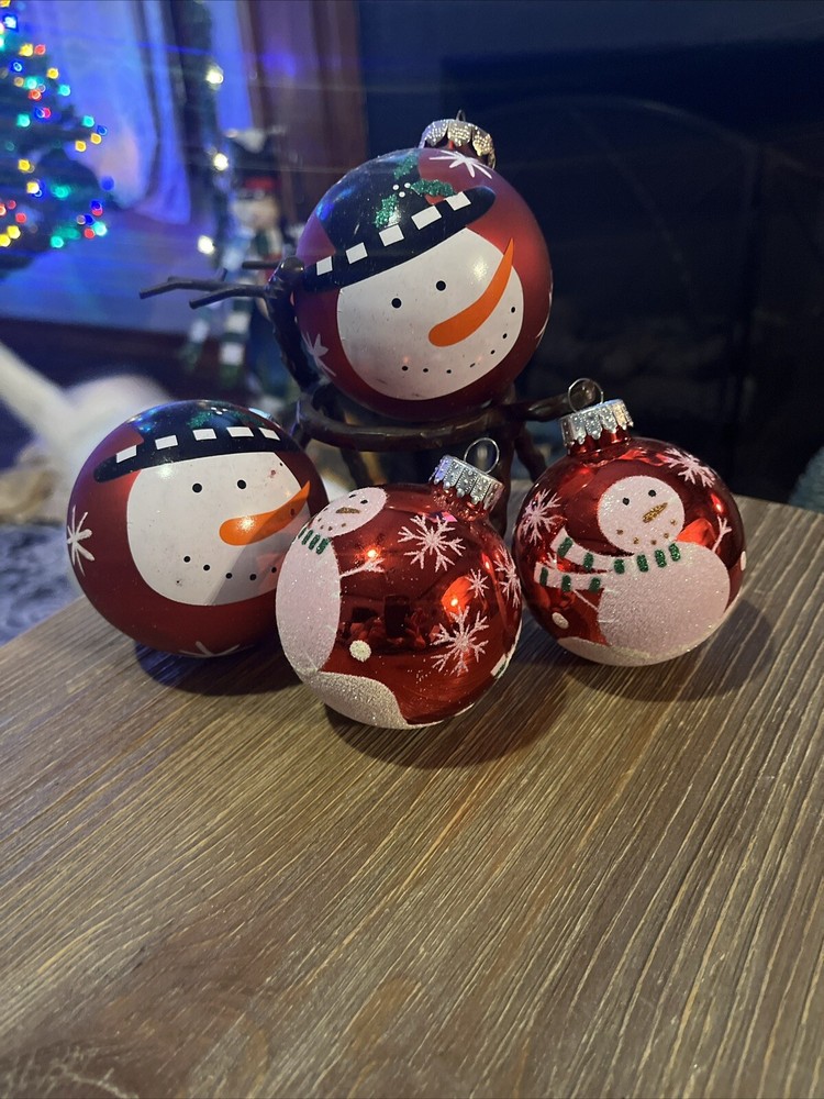 2 Ranch Snowman Snowflake Red Hand Painted PLUS 2 Glitter Snowman Snowflake VTG