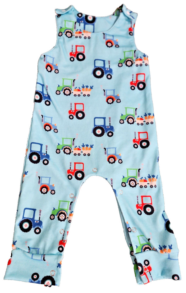 Boys size 18 mos Blue sleeveless jumpsuit/romper w/multicolored tractors