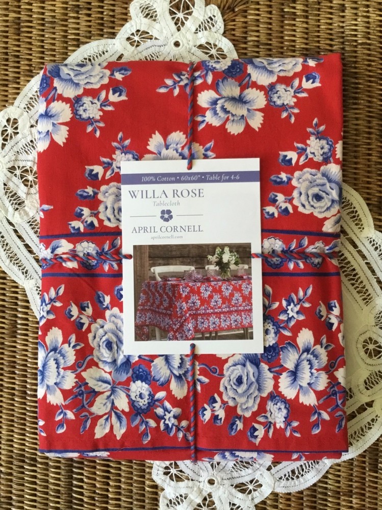 APRIL CORNELL Willa Rose Tablecloth Cotton 60” x 60” Red/Blue/White NEW