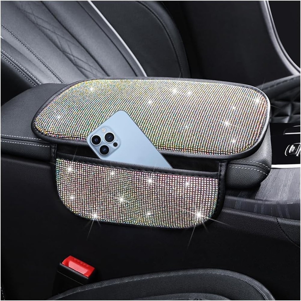 Car Center Console Cover, Crystal Rhinestone Vehicle Armrest Color: Multicolor