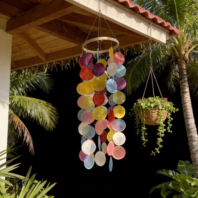 Rainbow Capiz Shell Wind Chime, Handmade Colorful Hanging Mobile for Patio