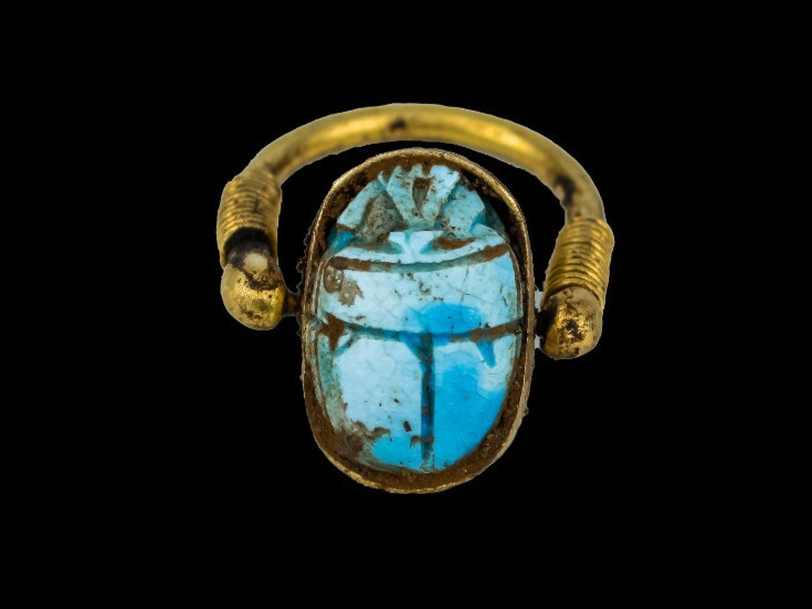 Authentic Ancient Egyptian Scarab Ring – Turquoise Faience & Bronze Figure BC