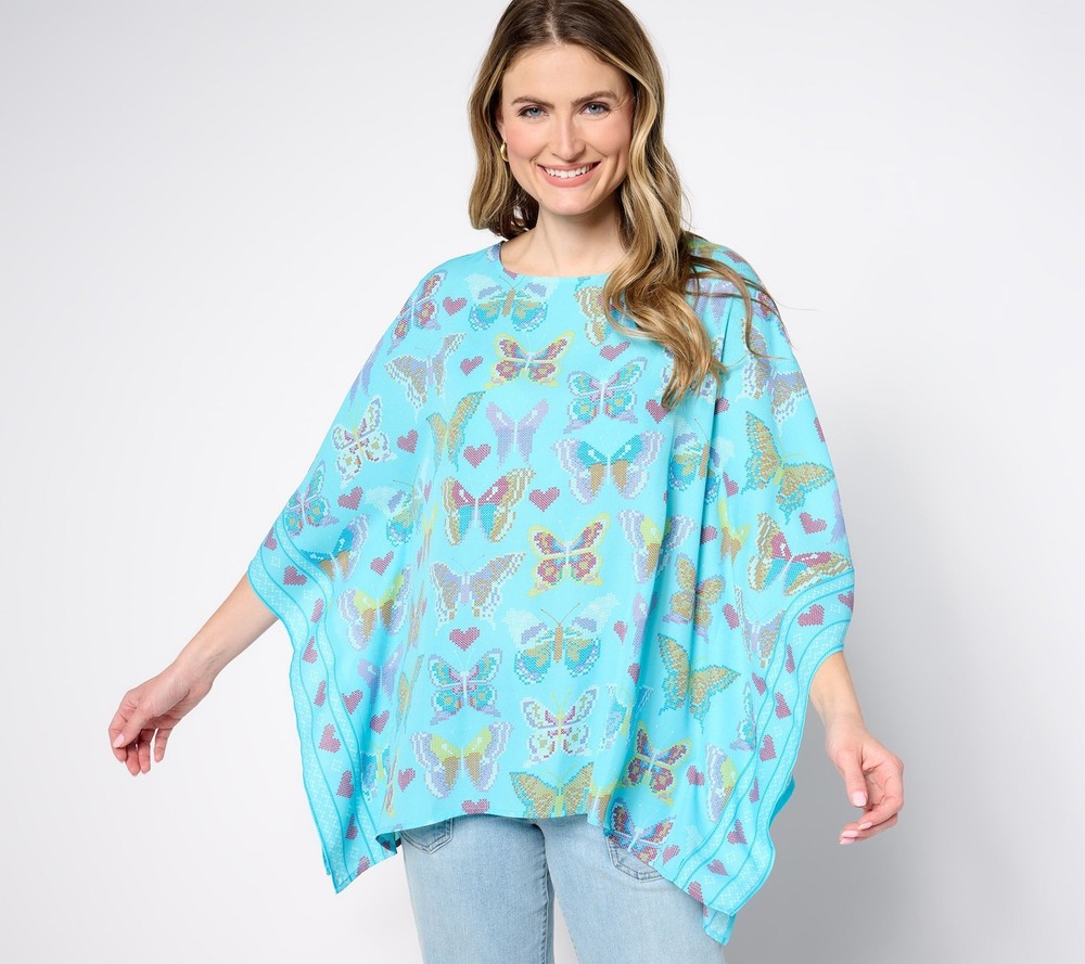 Quacker Factory Women's Top Sz S LoveFlight Butterfly Caftan Blue A677838