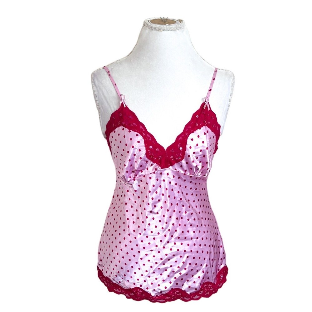 Candies Y2K Babydoll Satin Lace Cami Tank Size M Pink Red Polka Dot Coquette Vtg