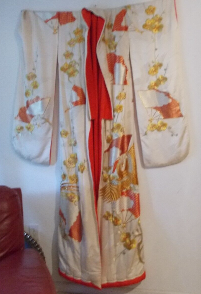 JAPANESE SILK WEDDING KIMONO UCHIKAKE ROYAL RED GOLD PHOENIX BROCADE EMBROIDERED