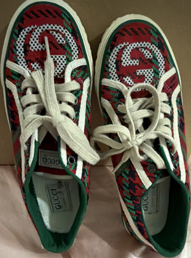Gucci Men's Patterned Canvas Sneakers Red Green White Size 7.5
