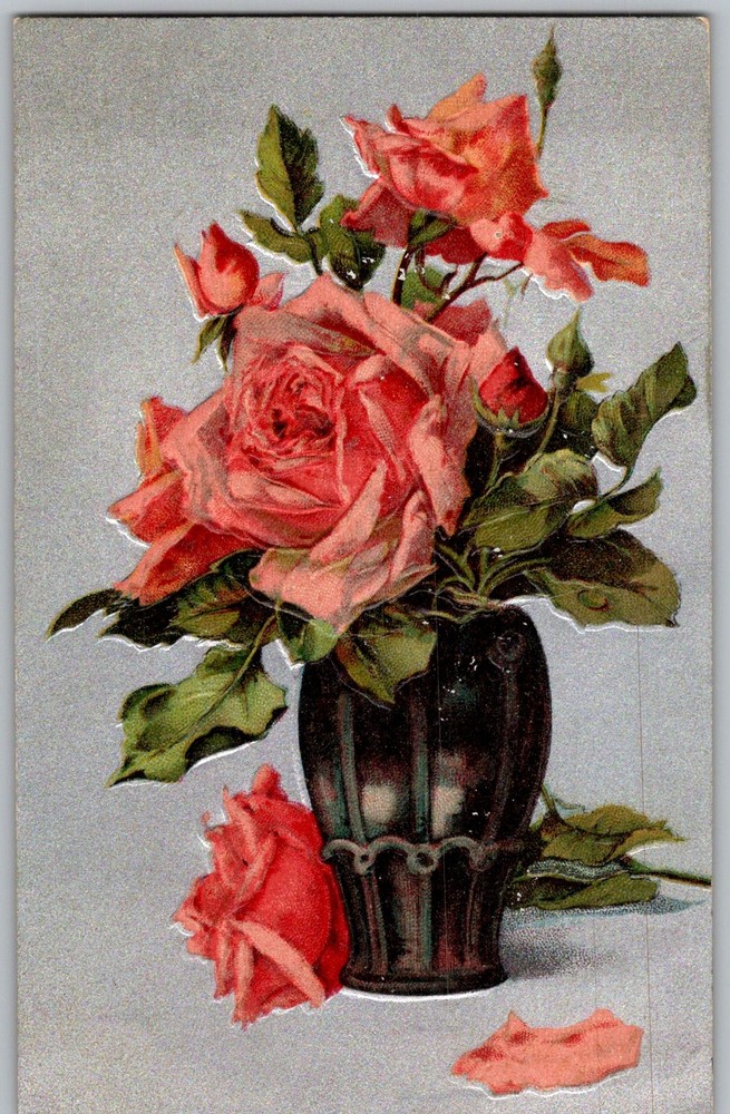 Antique Postcard Pink Rose Bouquet Vase 1910s