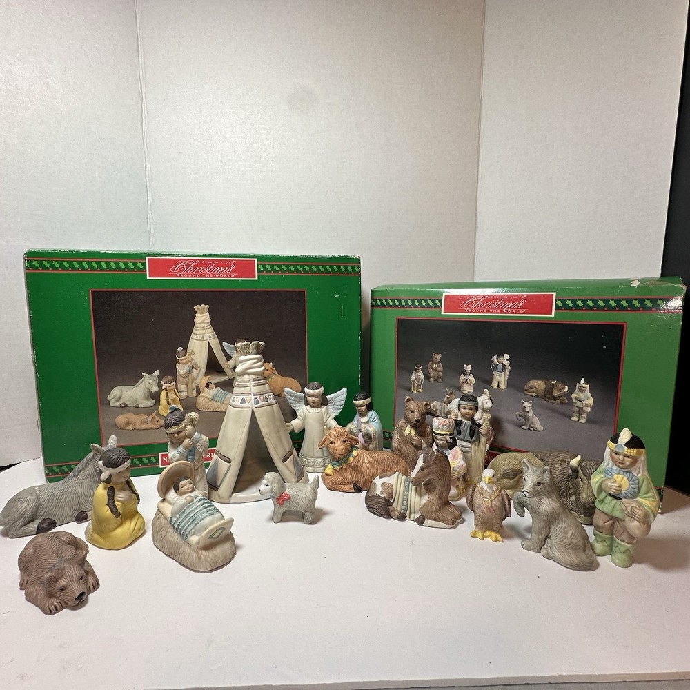 18 pc House of Lloyd Native American Indian Nativity Set '92 Christmas World Box