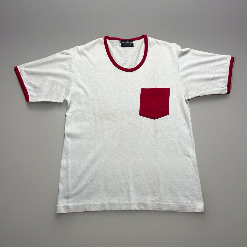 Vintage 60s Puritan Blank Pocket Ringer Red White Shirt Size Medium “Mr Insider”