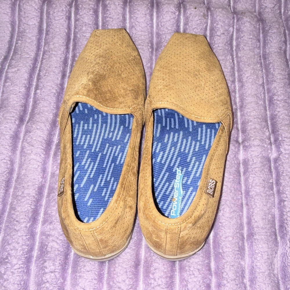 BOBS Women’s Tan Slip-On Casual Loafers Solid Round Toe Logo Accents