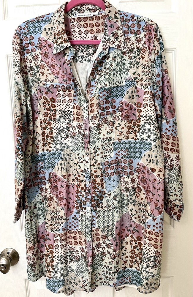 Roller Rabbit Cotton Silk Tunic - Versatile Coverup Big Shirt or Dress in Size L
