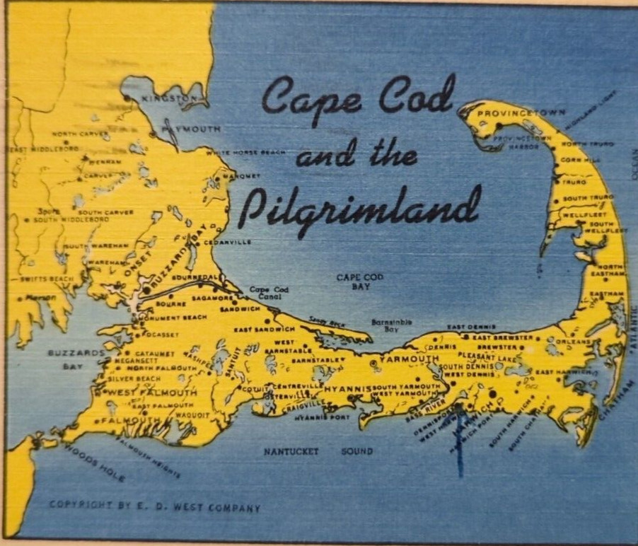 Cape Cod & The Pilgrimland MA Massachusetts Map VTG Linen Postcard 1957
