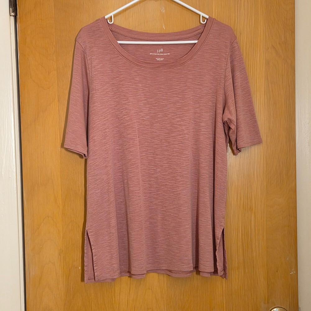 J Jill Pima Scoop Neck Elbow Sleeve Tee Shirt Womens L Pink 100% Cotton Cozy