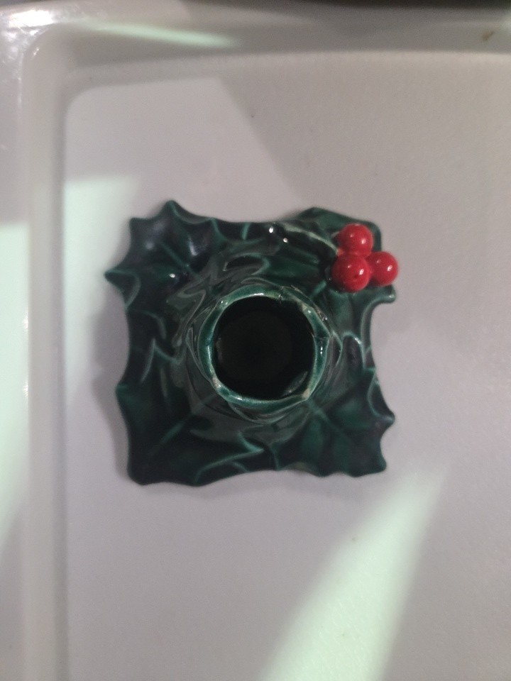 Lefton VTG Green Holly Berry Square Candle Holder