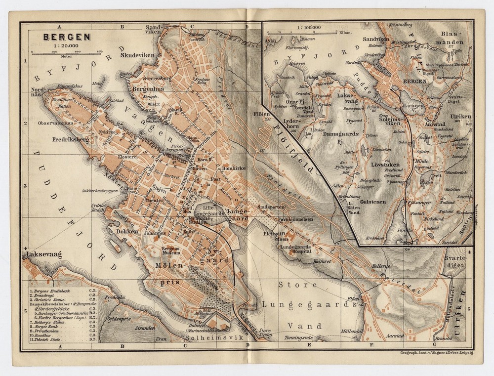 1903 Original Antique Map City Of Bergen / Norway