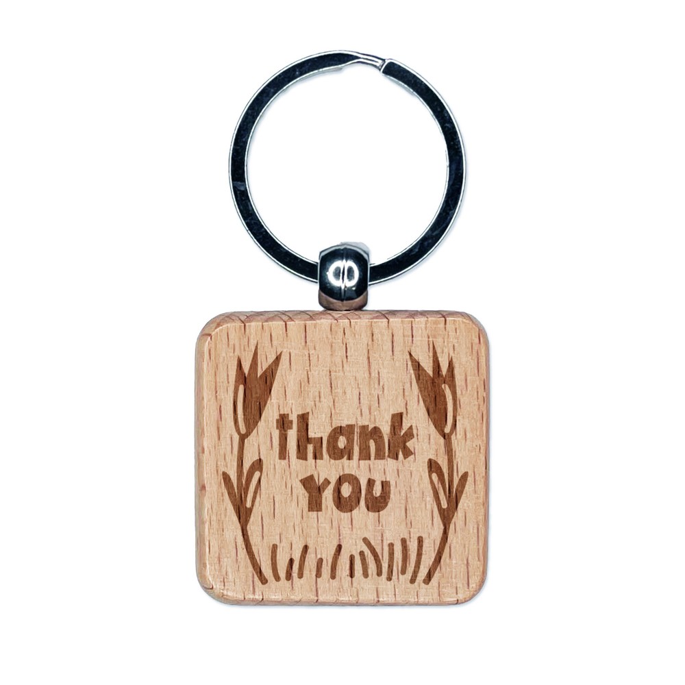 Personalized Thank You Floral Engraved Wood Keychain Charm