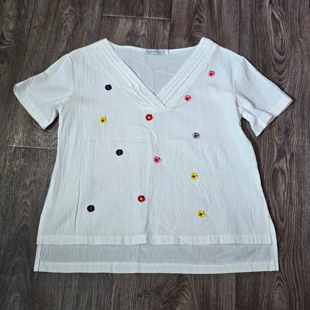 MISSlook White Embroidered Floral Short Sleeve V Neck Top Women XL