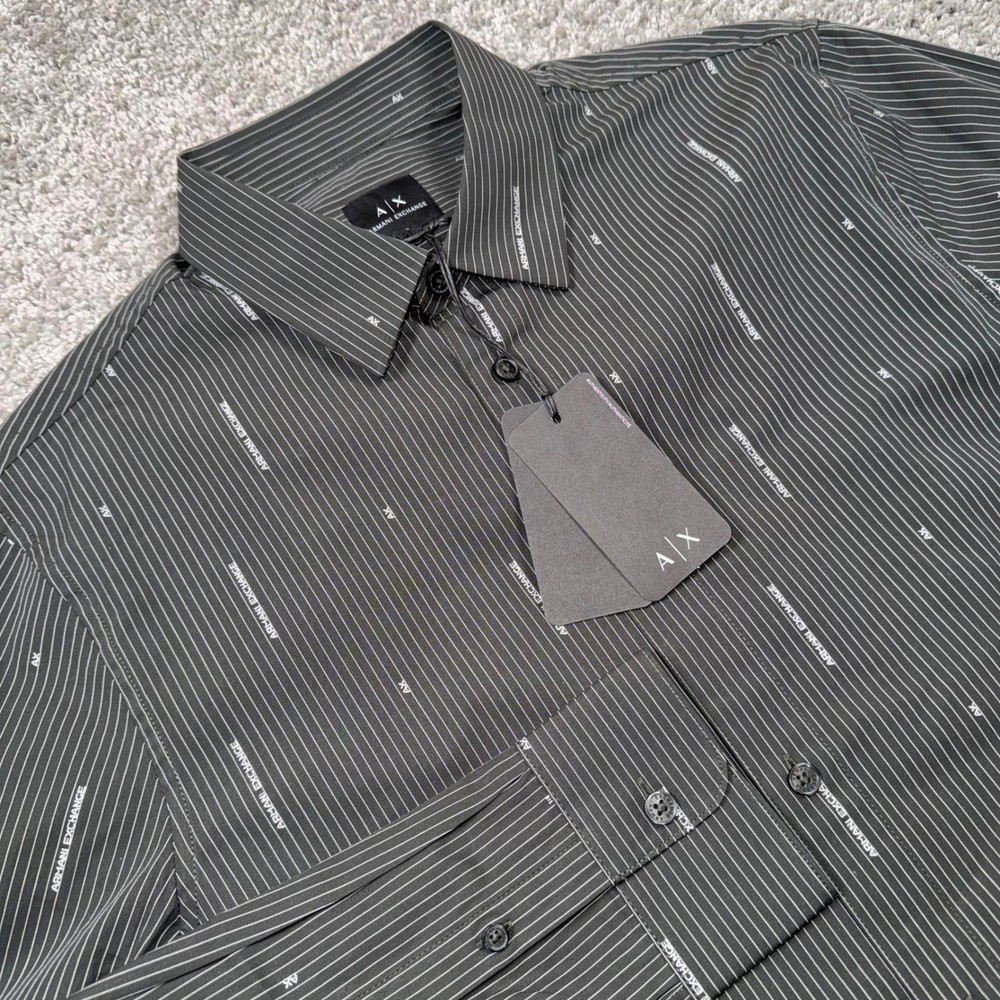 Armani Exchange Pinstripe Logo Button Down Shirt Mens Grey Size Small NEW