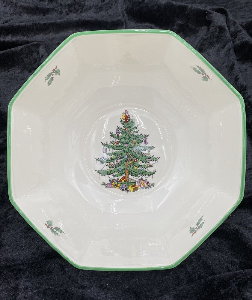 Vtg. Spode (Made/England) Christmas Tree-Green Trim Octagonal Serving Bowl, 7