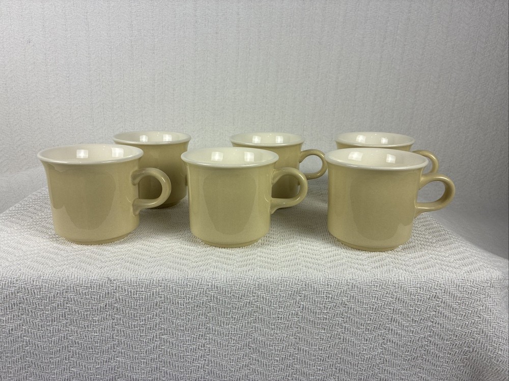 Coffee Mugs Mid Century Modern Set Of Six Beige Ivory USA Ceramic Cups Hot Tea