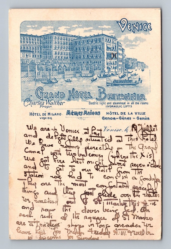 Italy- Venice Grand Hotel Britannia Souvenir Post Old PC Vintage c1905 Postcard