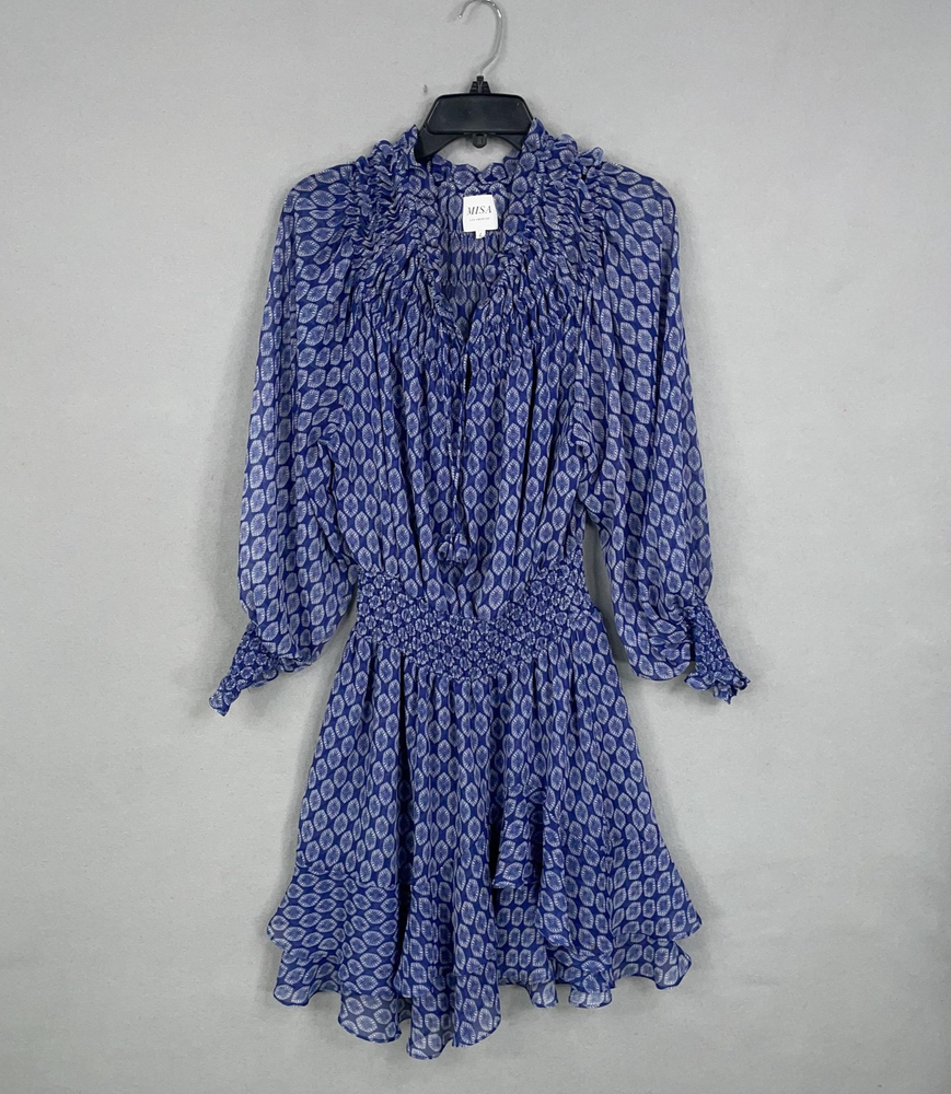 Misa Los Angeles Dress Womens Large Blue Printed Ruffle Hem Smocked Waist USA