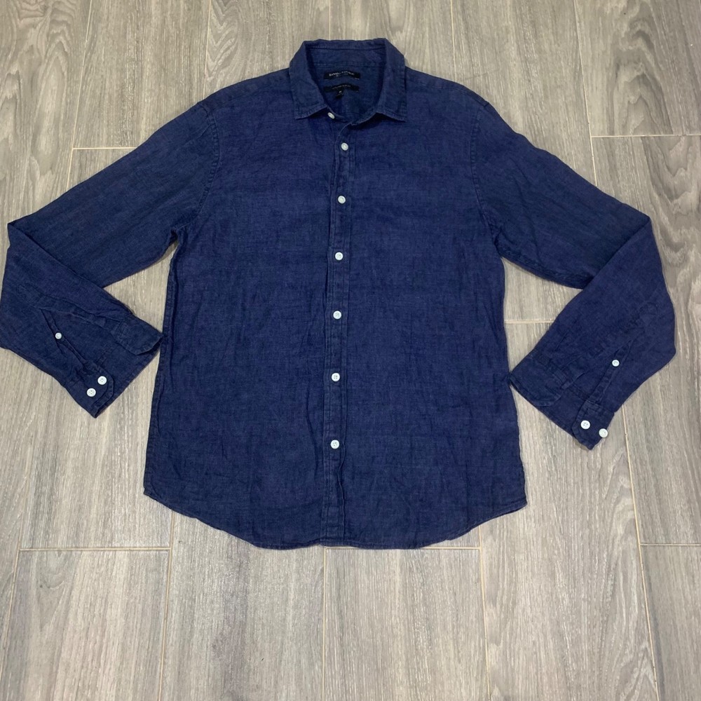 Banana Republic Untucked Slim Fit 100% Linen Shirt Navy Blue Size M