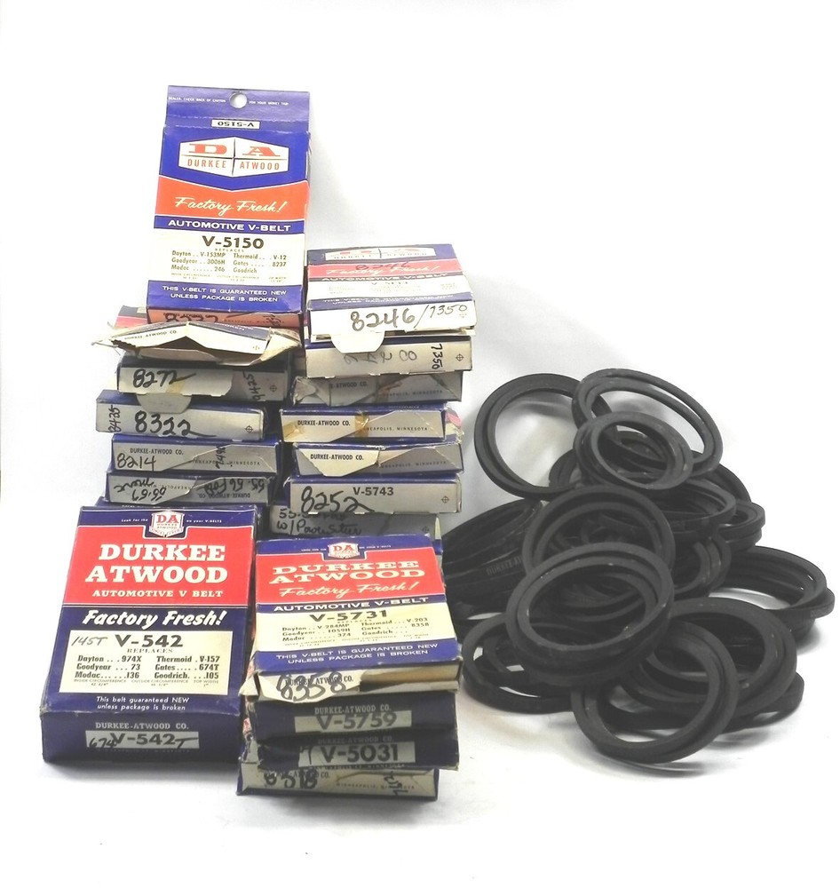 VINTAGE NEAT DURKE ATWOOD V-BELT DISPLAY WITH BOXES (FULL LOT) RANGE OF SIZES