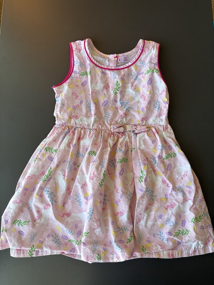F&F Girls Size 7 Pink Unicorn Fit & Flare Sleeveless Button Bow Lined Rainbow