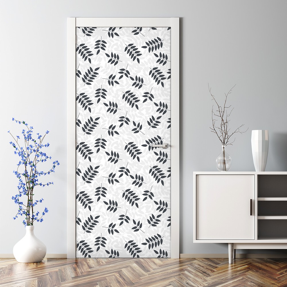 Monochrome Leaves Bubble-Free Door Decal Delicate Pattern Decor  