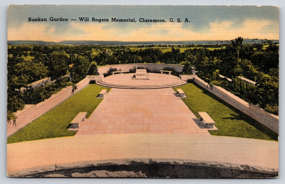 Claremore OK~Air View Sunken Garden Will Rogers Memorial~Vintage Linen Postcard