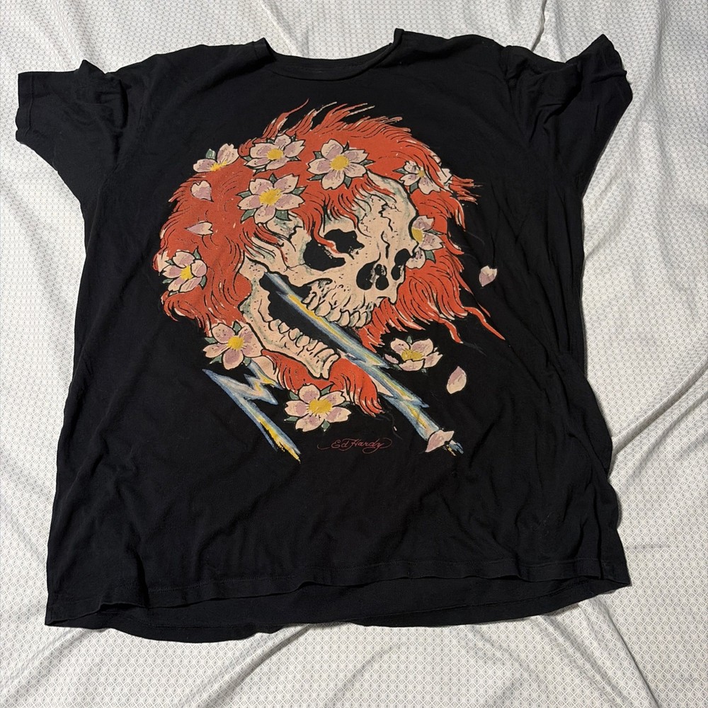 Ed Hardy Shirt Mens XXL Black Y2K Skull Lightning Tattoo Grunge Graphic