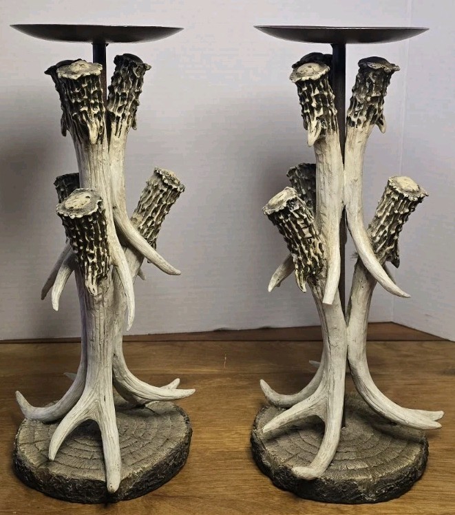 Set of 2 Faux Antler Pillar Candle Holders Rustic Lodge Cabin Decor 14