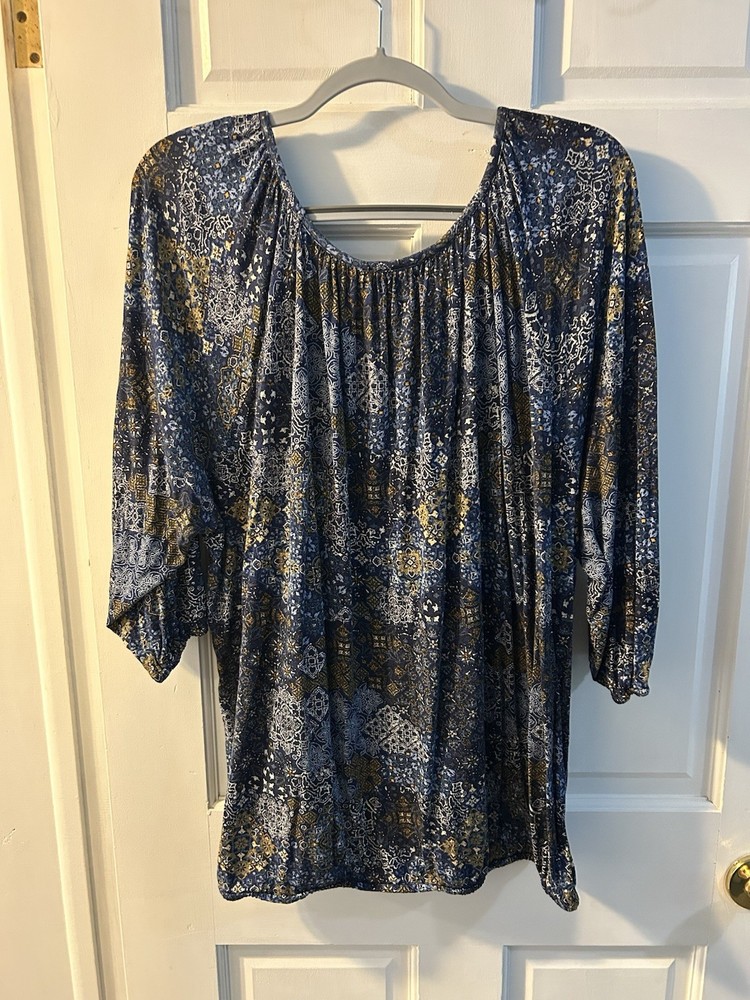 Michael Michael Kors Women’s Plus 3X Blue Geometric Scoop Neck 3/4 Tunic Blouse