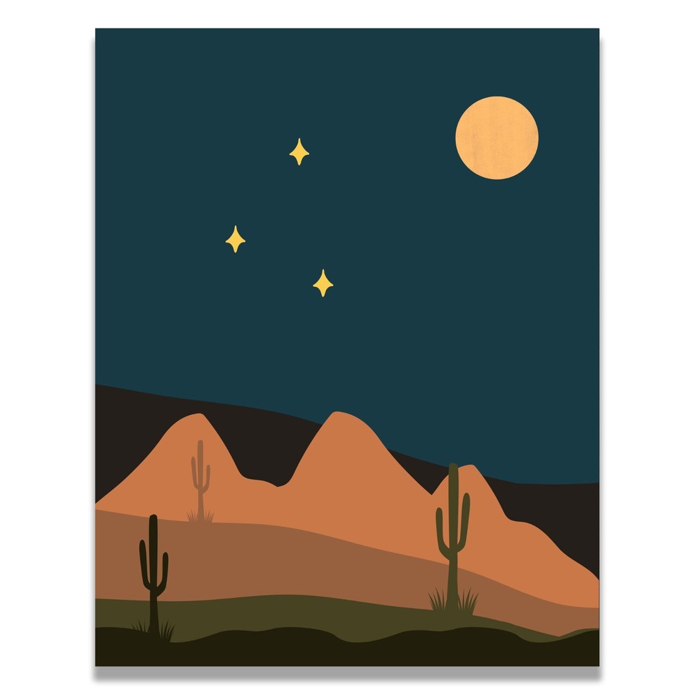 Moon Cactus Stars Mountains Blue Abstract Art Print Wall Decor