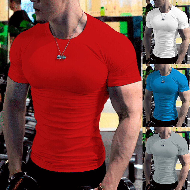 Men Short Sleeve Fitness T Shirt Sport Gym Muscle T-shirts Workout Casual Tops