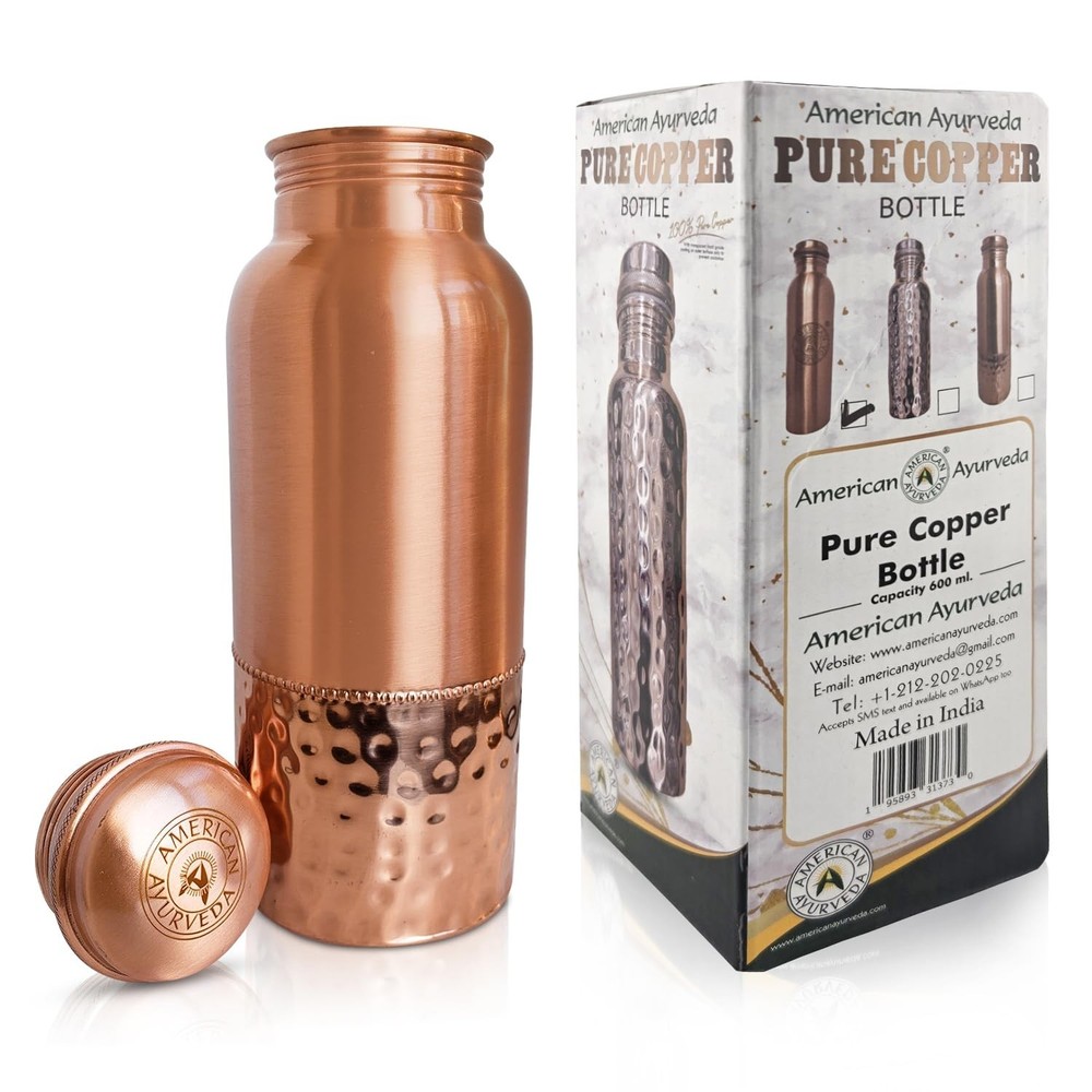 A American Ayurveda 100% Pure Copper Water Bottle 600ml 20 Oz Joint Free, Lea...