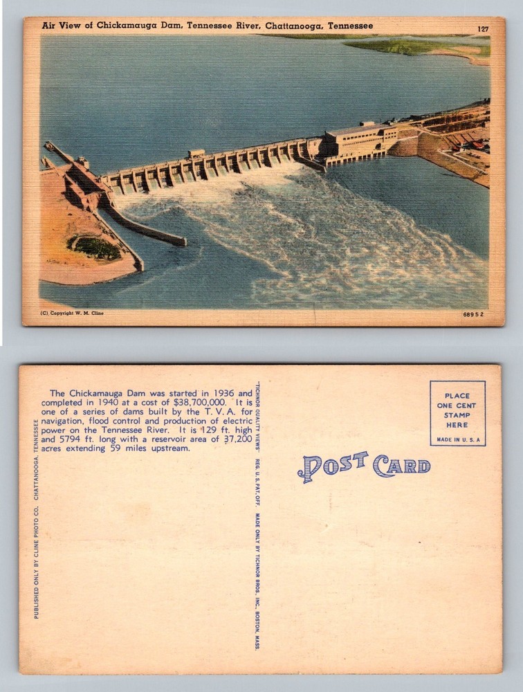 Chattanooga TN-Tennessee Chickamauga Dam Tennessee River Aerial Vintage Postcard