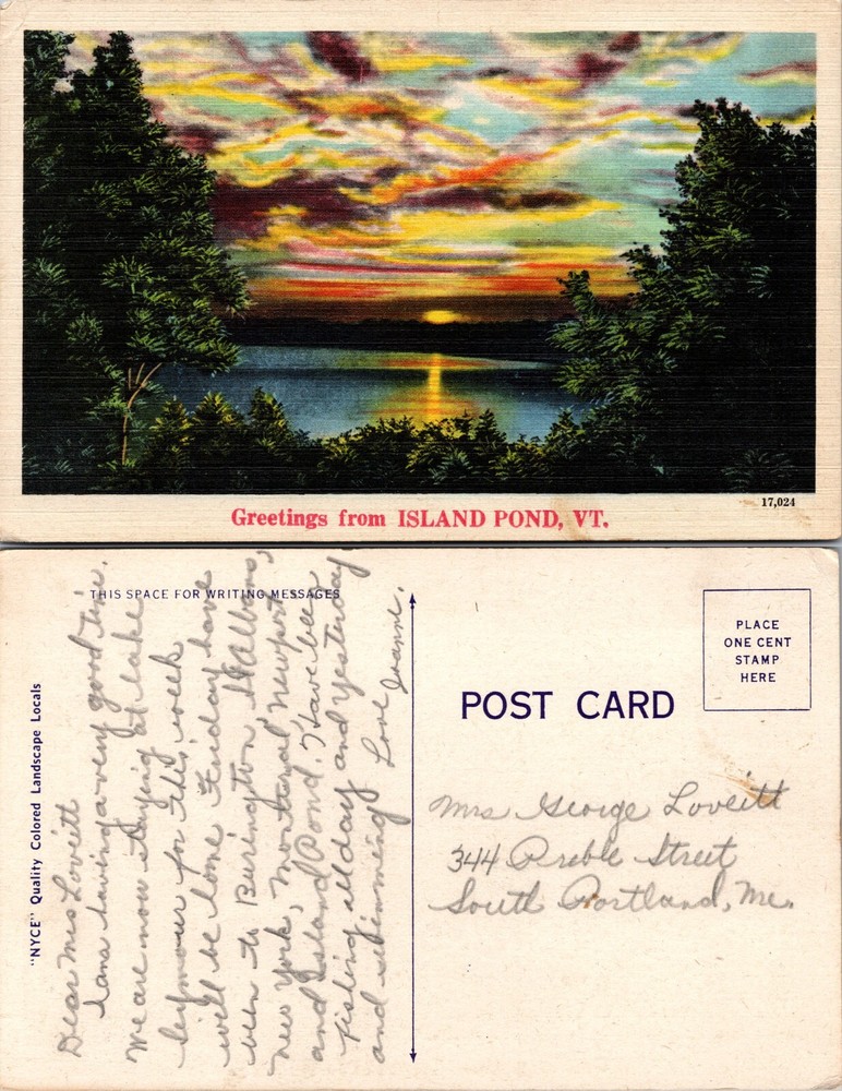Sunset Over Lake Trees Scenic View Island Pond Vermont VT Postcard